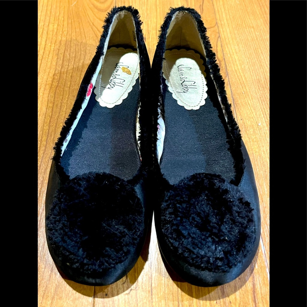 Sam & Libby Navy Satin Pompom Ballet Flats - Women’s Size 6